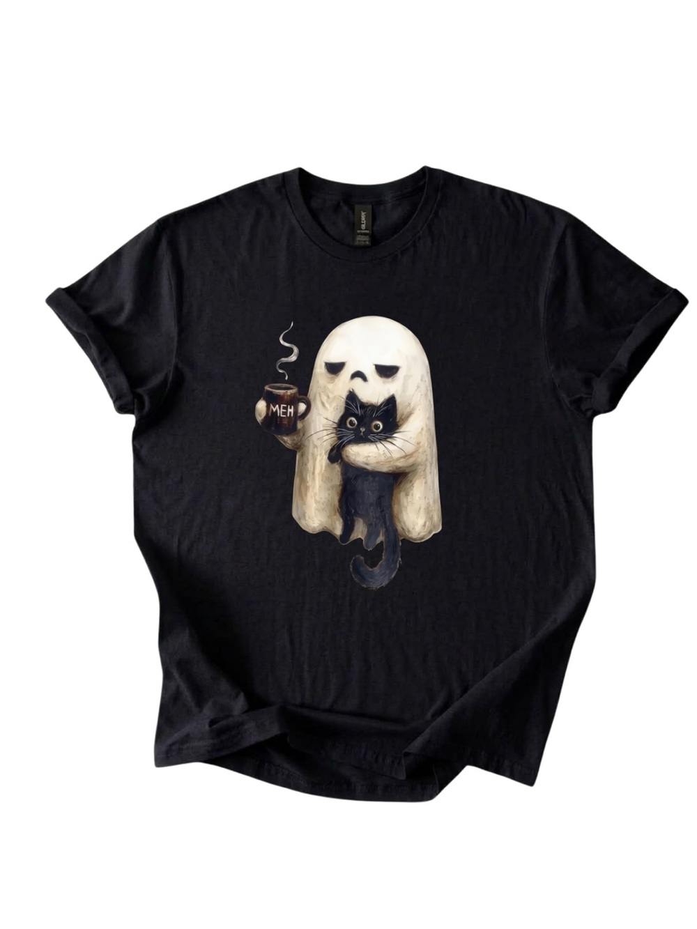 Gildan Black Ghost Cat Graphic Tee - Stylish Cat Lovers Shirt